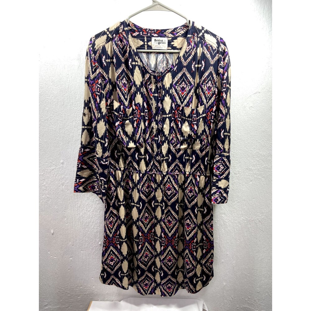 HOLDING HORSES WOMENS 12 AZTEC PRINT ELASTIC WAIST DRESS SIDE POCKETS